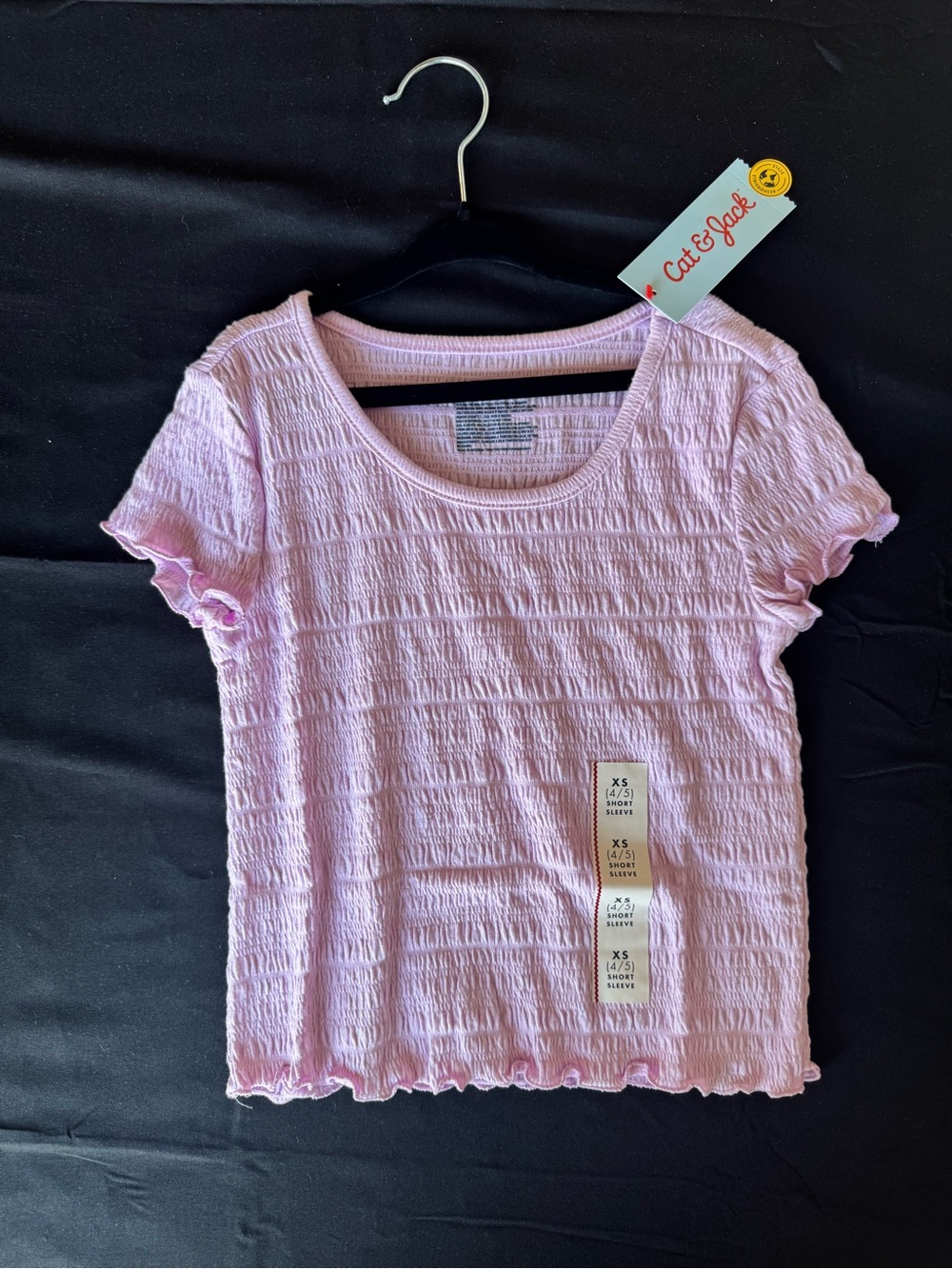NWT Cat & Jack Girls Smocked Lettuce Hem Short Sleeve Top Light Purple XS (4/5)